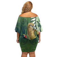 New Zealand Kea Bird Family Matching Off Shoulder Short Dress and Hawaiian Shirt With Maori Koru Fern LT05 - Polynesian Pride