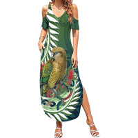 New Zealand Kea Bird Family Matching Summer Maxi Dress and Hawaiian Shirt With Maori Koru Fern LT05 Mom's Dress Green - Polynesian Pride