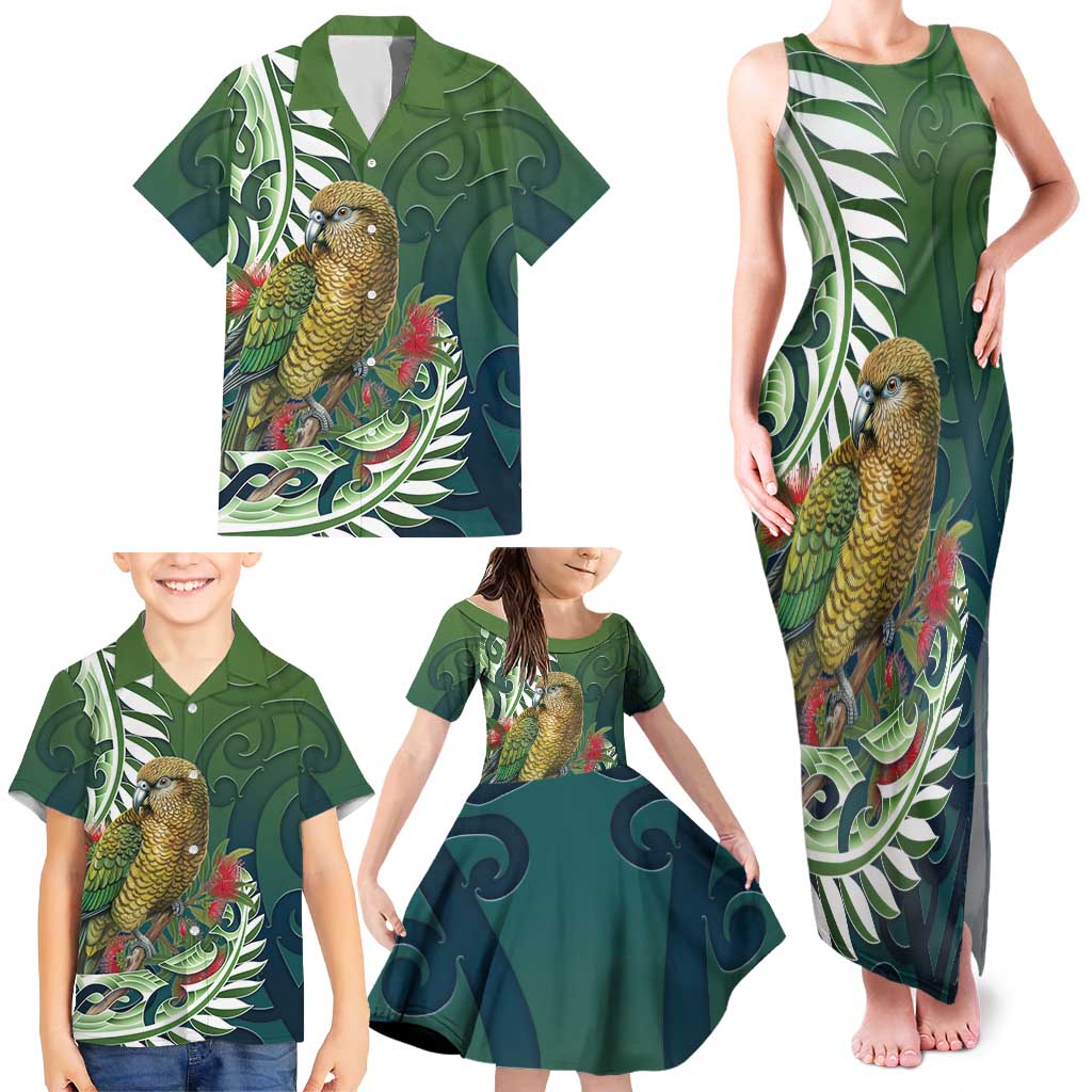 New Zealand Kea Bird Family Matching Tank Maxi Dress and Hawaiian Shirt With Maori Koru Fern - Polynesian Pride