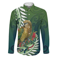 New Zealand Kea Bird Family Matching Tank Maxi Dress and Hawaiian Shirt With Maori Koru Fern LT05 Dad's Shirt - Long Sleeve Green - Polynesian Pride