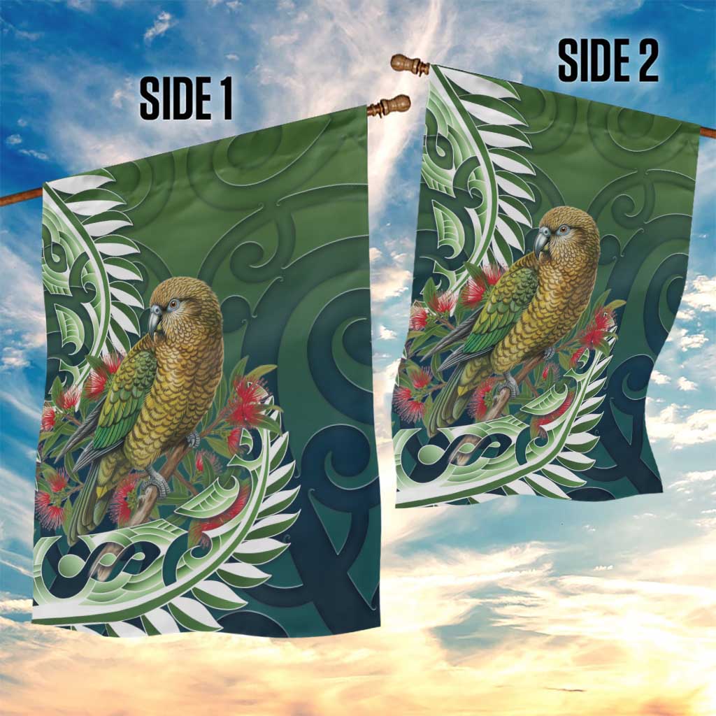 New Zealand Kea Bird Garden Flag With Maori Koru Fern - Polynesian Pride