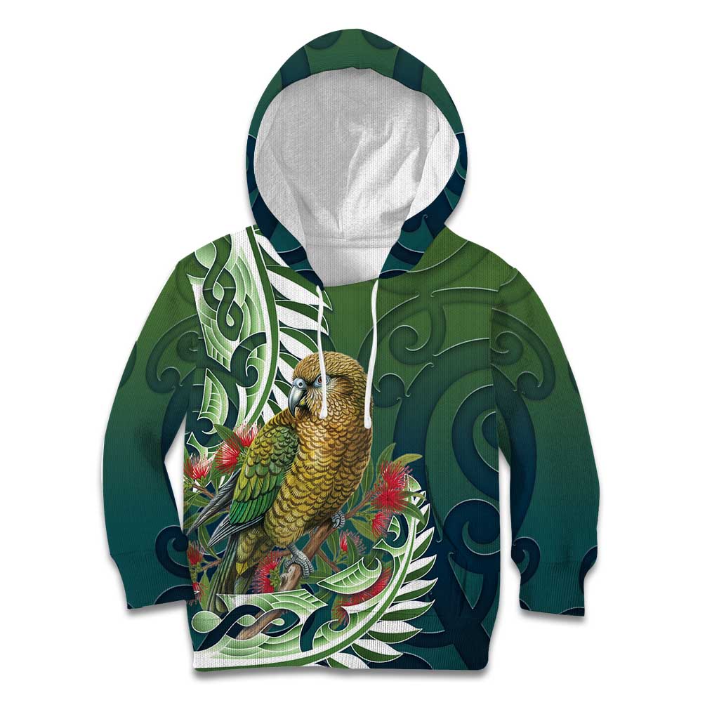 New Zealand Kea Bird Kid Hoodie With Maori Koru Fern - Polynesian Pride