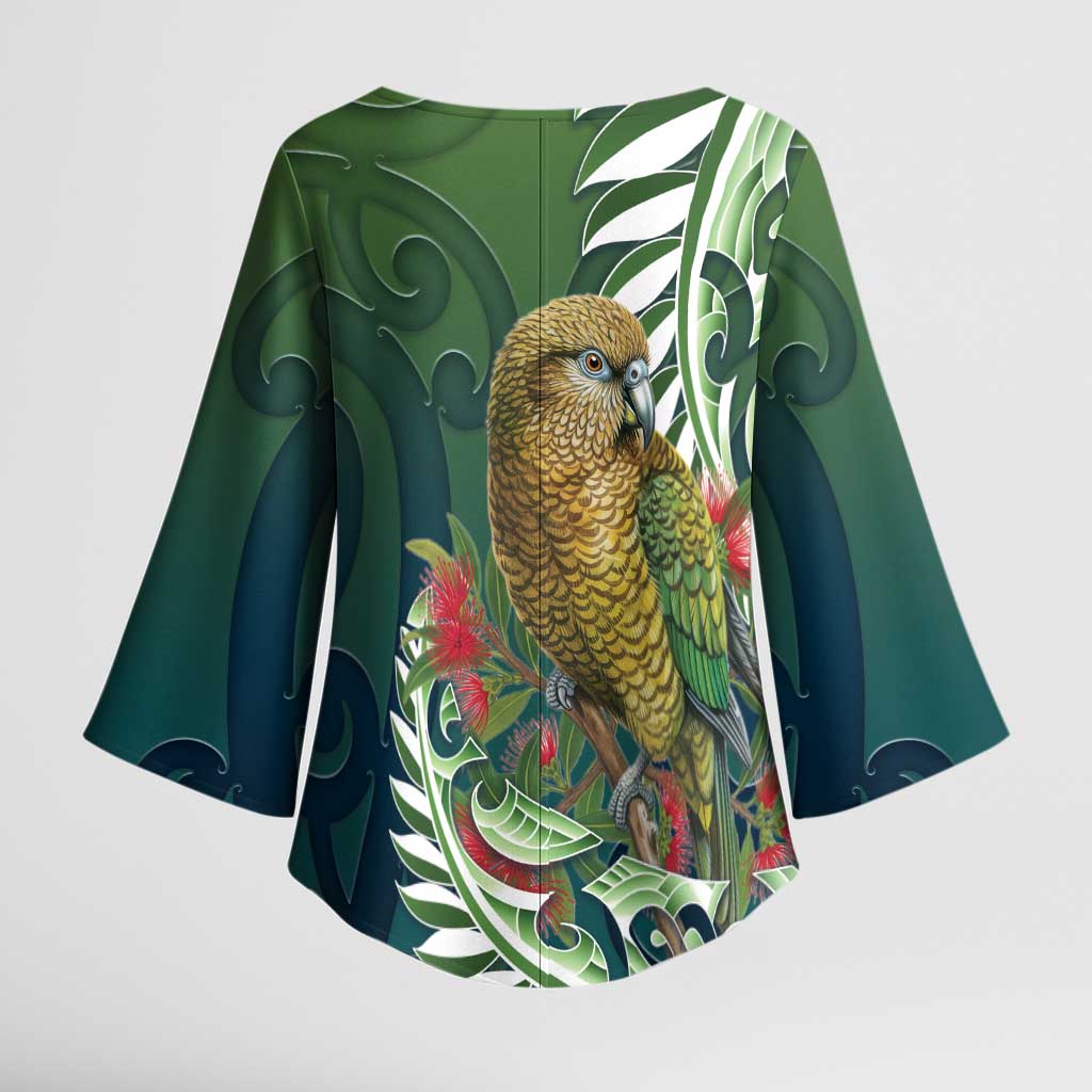 New Zealand Kea Bird Kimono Sleeve Blouse With Maori Koru Fern - Polynesian Pride