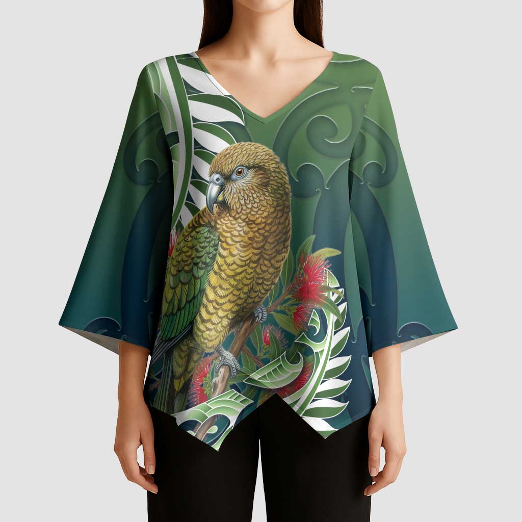 New Zealand Kea Bird Kimono Sleeve Blouse With Maori Koru Fern - Polynesian Pride