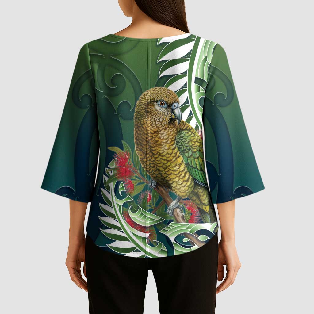 New Zealand Kea Bird Kimono Sleeve Blouse With Maori Koru Fern - Polynesian Pride