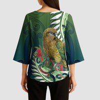 New Zealand Kea Bird Kimono Sleeve Blouse With Maori Koru Fern - Polynesian Pride