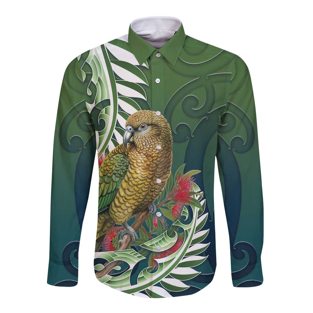 New Zealand Kea Bird Long Sleeve Button Shirt With Maori Koru Fern - Polynesian Pride