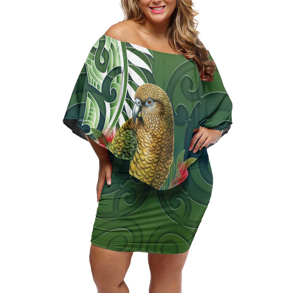 New Zealand Kea Bird Off Shoulder Short Dress With Maori Koru Fern - Polynesian Pride