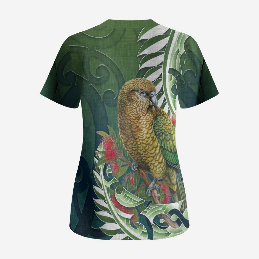 New Zealand Kea Bird Scrub Top With Maori Koru Fern - Polynesian Pride