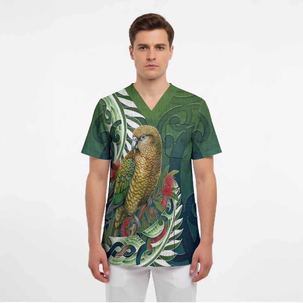 New Zealand Kea Bird Scrub Top With Maori Koru Fern - Polynesian Pride