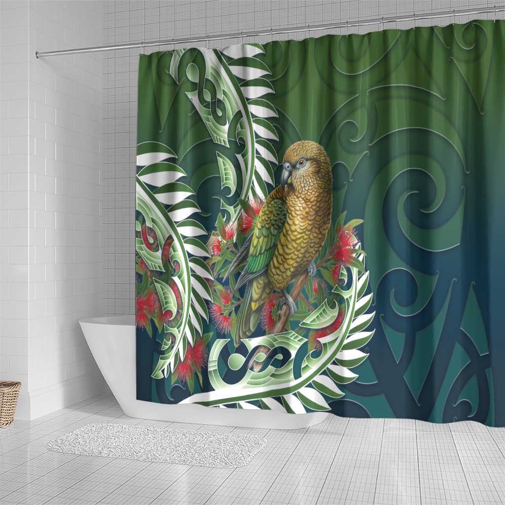 New Zealand Kea Bird Shower Curtain With Maori Koru Fern - Polynesian Pride