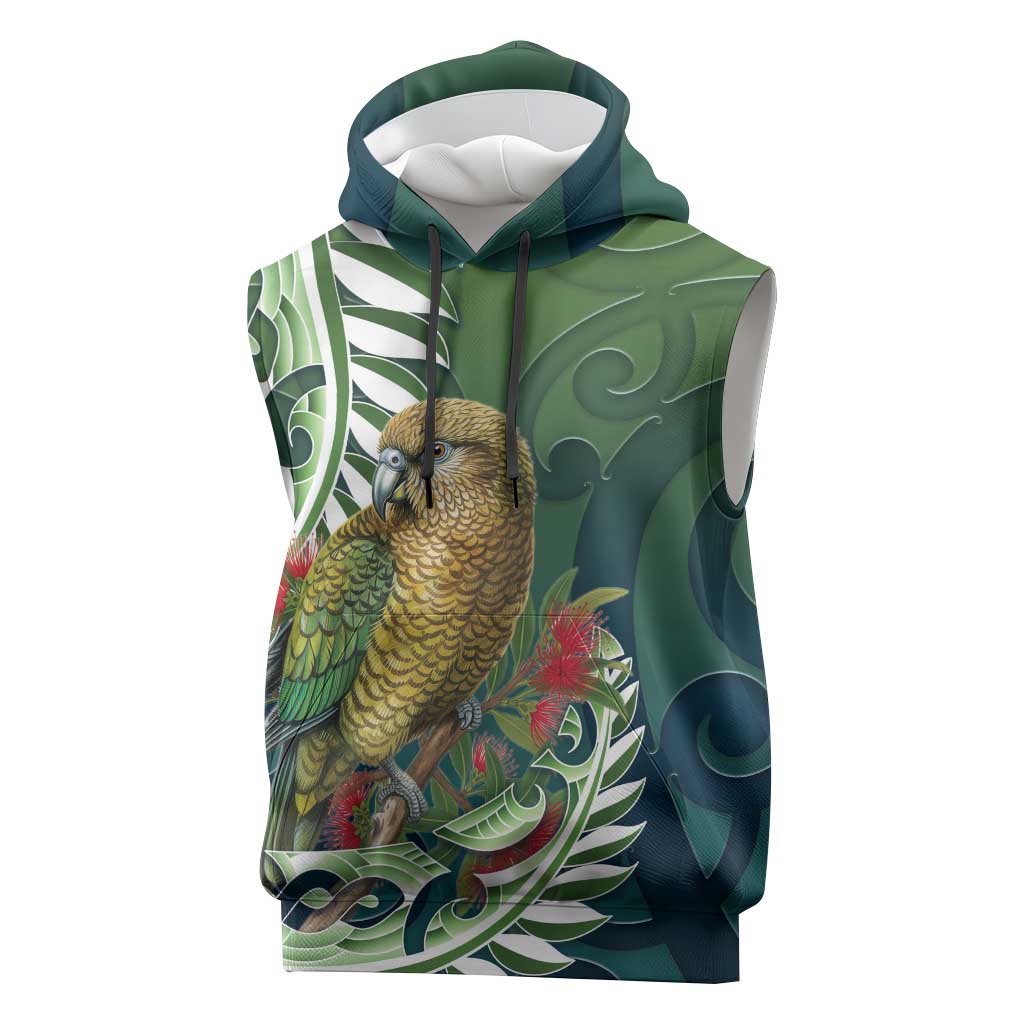 New Zealand Kea Bird Sleeveless Hoodie With Maori Koru Fern LT05 Green - Polynesian Pride