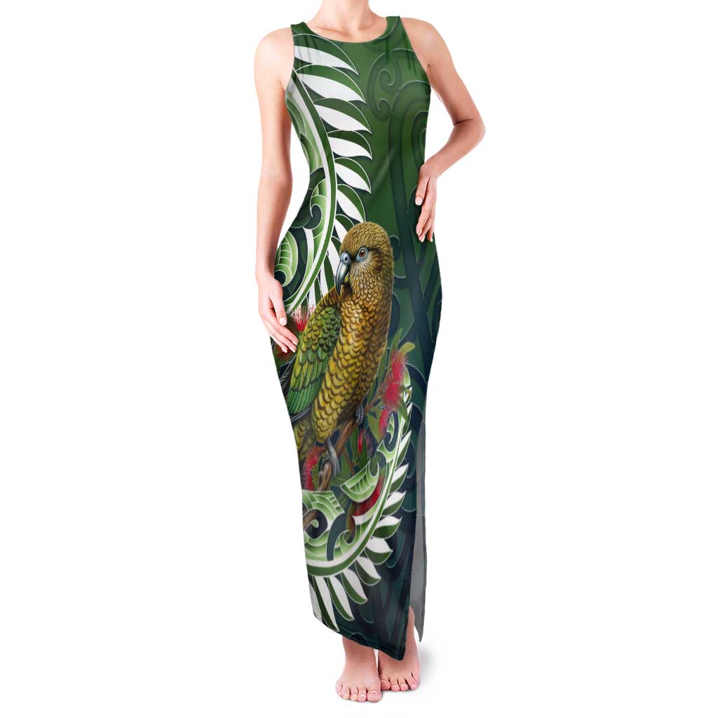 New Zealand Kea Bird Tank Maxi Dress With Maori Koru Fern - Polynesian Pride