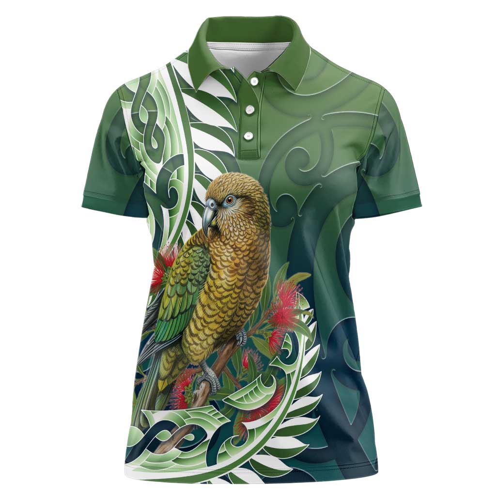 New Zealand Kea Bird Women Polo Shirt With Maori Koru Fern LT05 Female Green - Polynesian Pride