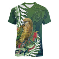 New Zealand Kea Bird Women V-Neck T-Shirt With Maori Koru Fern LT05 Female Green - Polynesian Pride