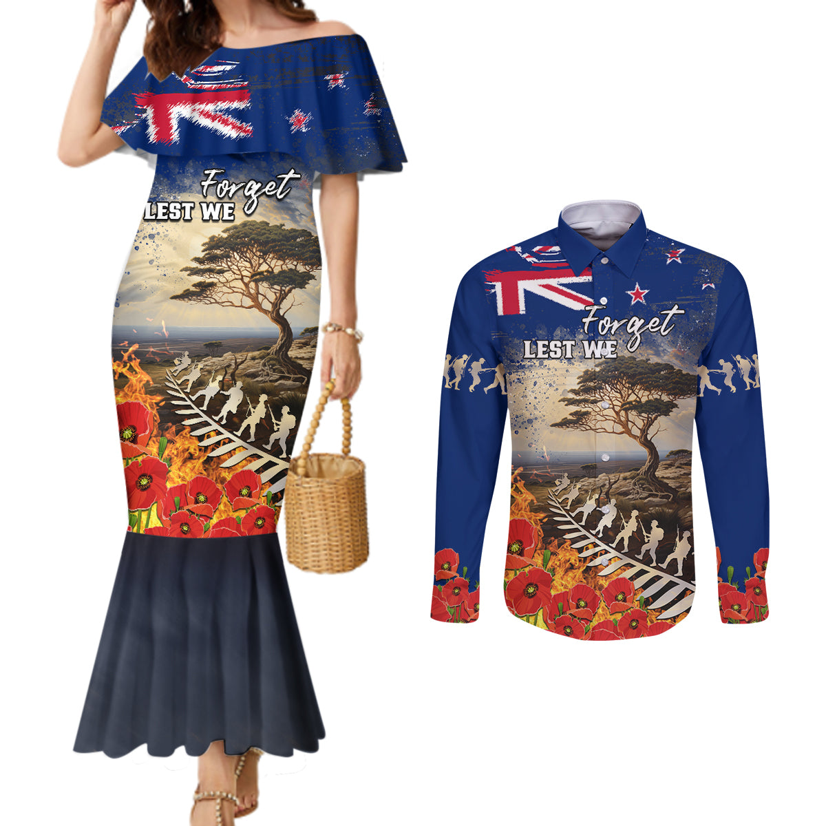 New Zealand ANZAC Day Couples Matching Mermaid Dress and Long Sleeve Button Shirt The Lonesome Pine With Soldier Fern LT05 Blue - Polynesian Pride