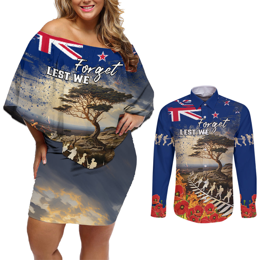 New Zealand ANZAC Day Couples Matching Off Shoulder Short Dress and Long Sleeve Button Shirt The Lonesome Pine With Soldier Fern LT05 Blue - Polynesian Pride