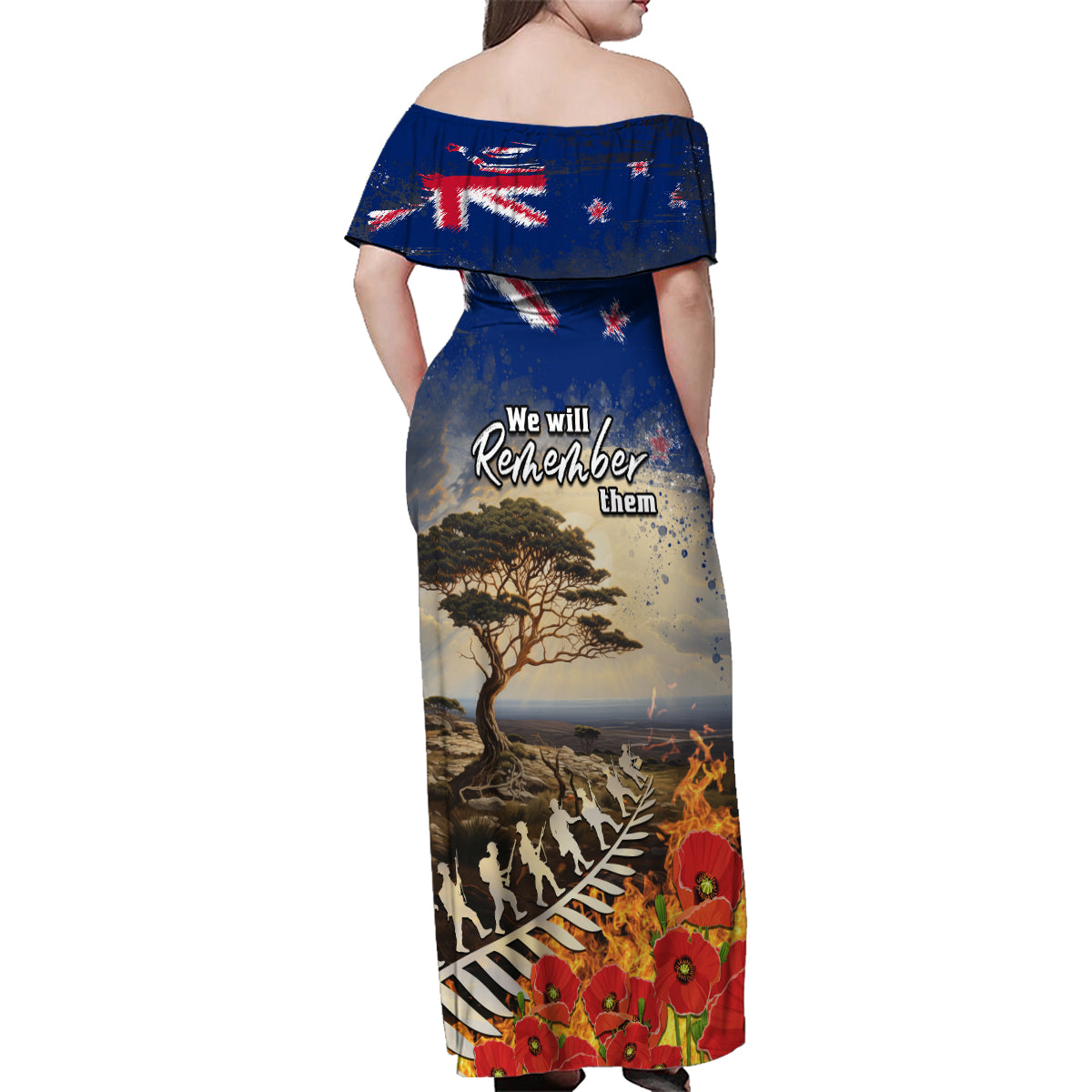 New Zealand ANZAC Day Family Matching Off Shoulder Maxi Dress and Hawaiian Shirt The Lonesome Pine With Soldier Fern LT05 - Polynesian Pride