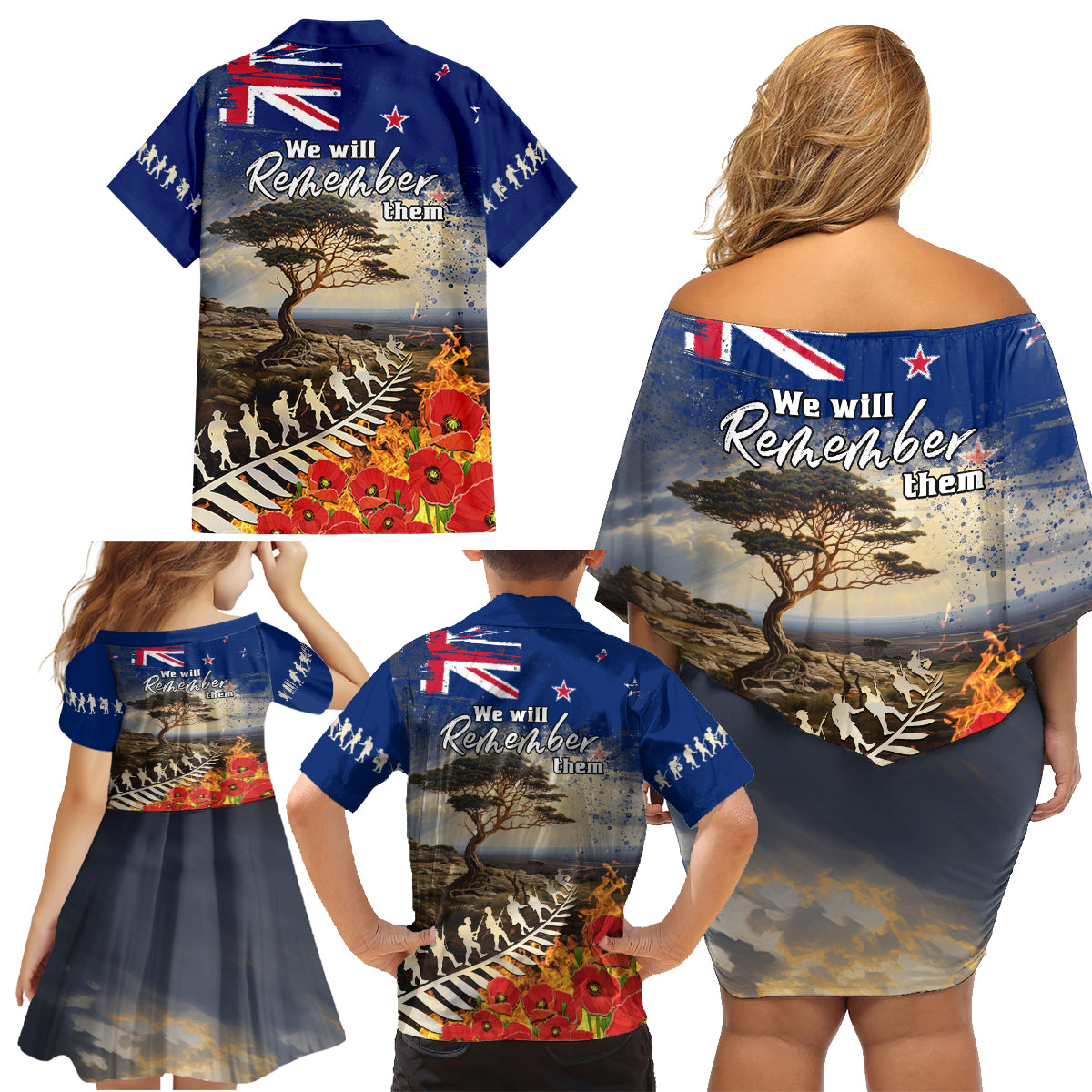 New Zealand ANZAC Day Family Matching Off Shoulder Short Dress and Hawaiian Shirt The Lonesome Pine With Soldier Fern LT05 - Polynesian Pride