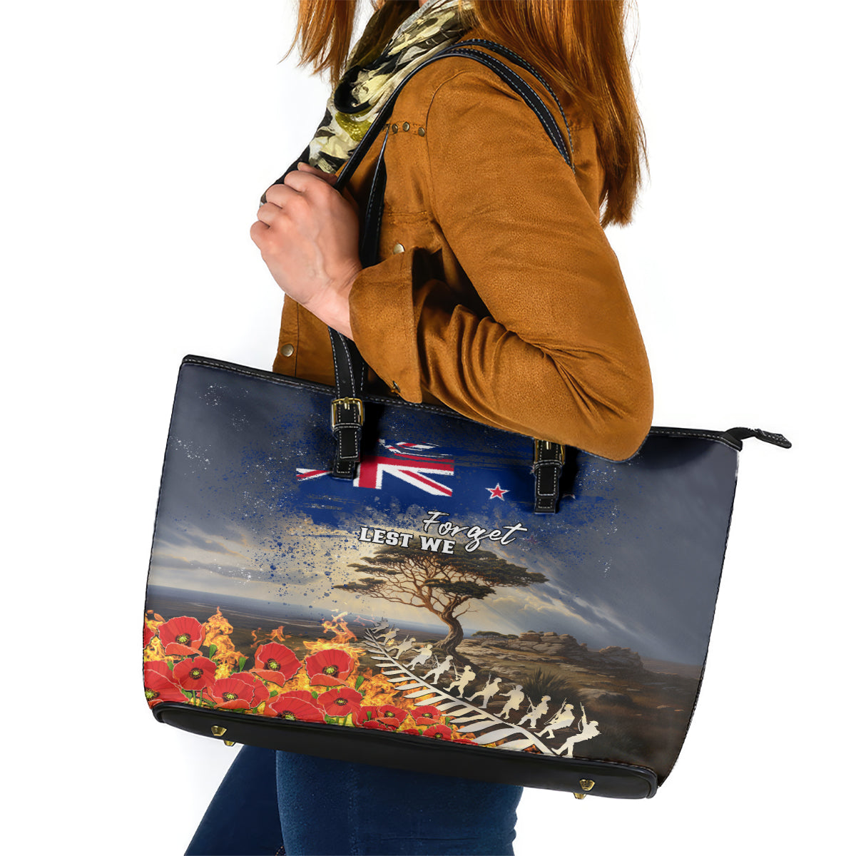 New Zealand ANZAC Day Leather Tote Bag The Lonesome Pine With Soldier Fern LT05 Blue - Polynesian Pride