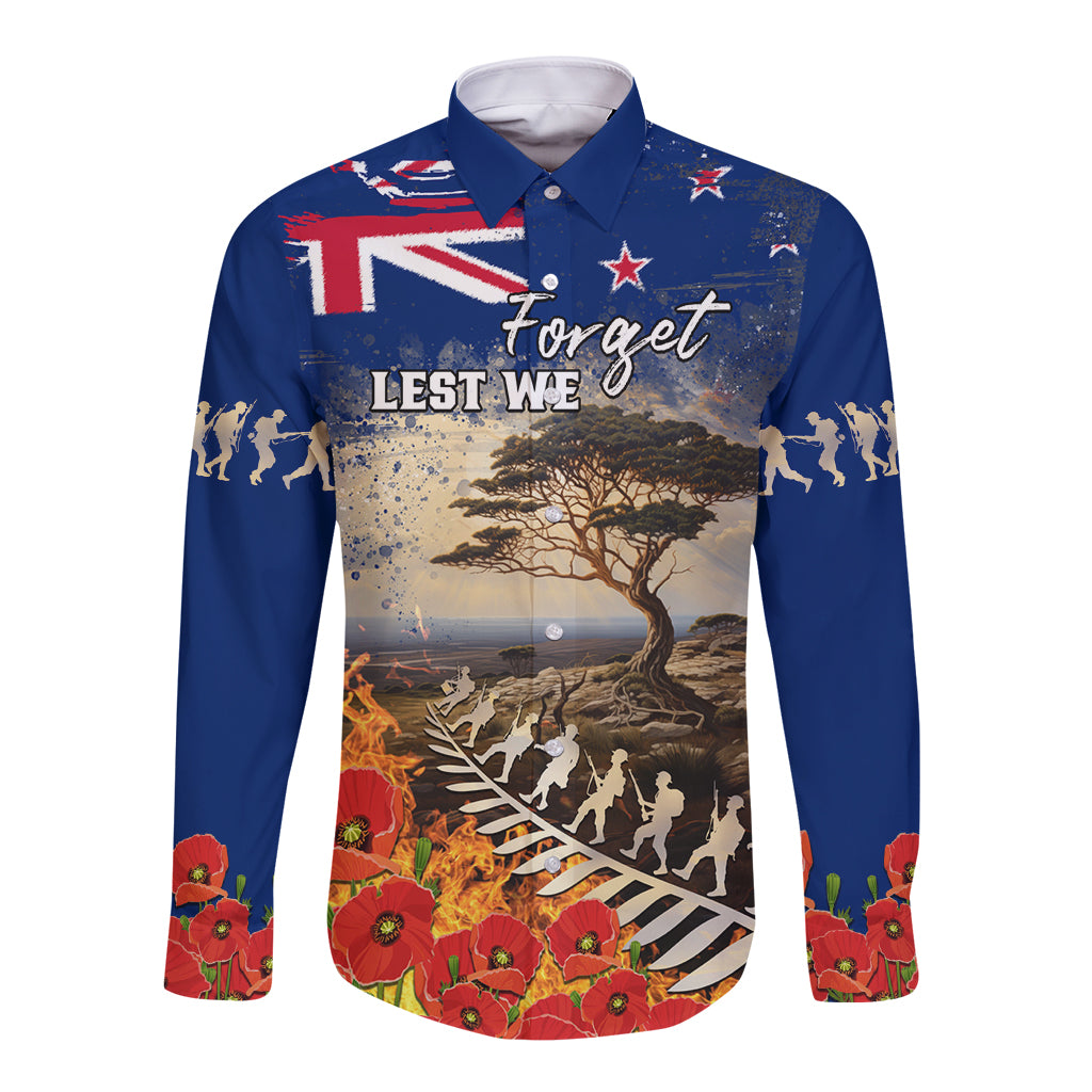 New Zealand ANZAC Day Long Sleeve Button Shirt The Lonesome Pine With Soldier Fern LT05 Unisex Blue - Polynesian Pride