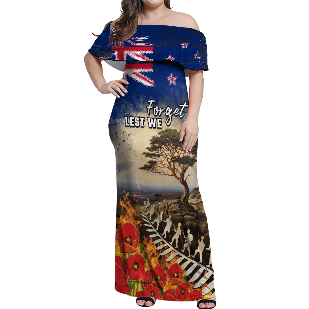 New Zealand ANZAC Day Off Shoulder Maxi Dress The Lonesome Pine With Soldier Fern LT05 Women Blue - Polynesian Pride