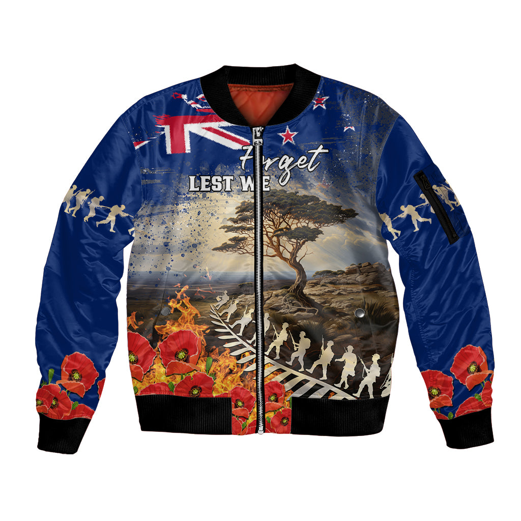 New Zealand ANZAC Day Sleeve Zip Bomber Jacket The Lonesome Pine With Soldier Fern LT05 Unisex Blue - Polynesian Pride