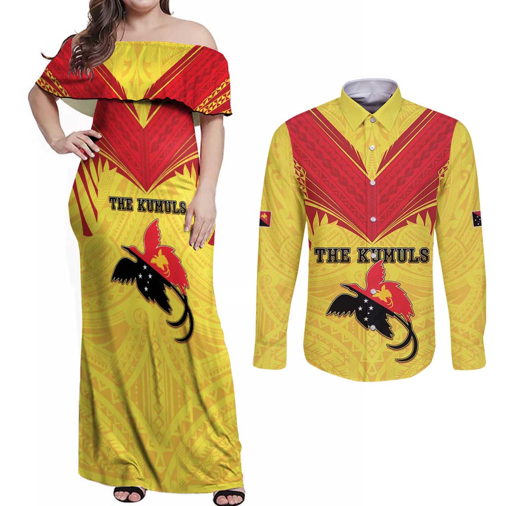 Papua New Guinea Rugby Custom Couples Matching Off Shoulder Maxi Dress and Long Sleeve Button Shirt Kumuls Heritage