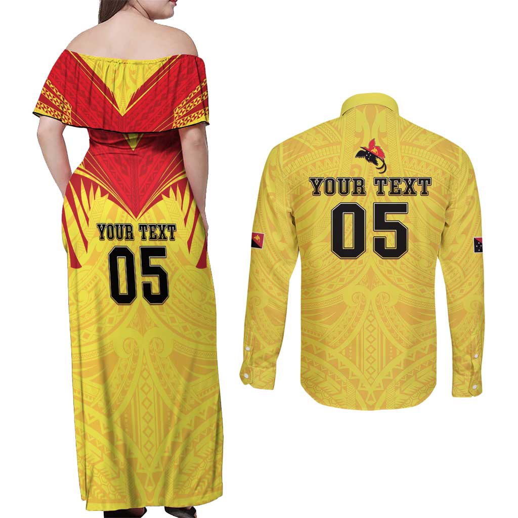 Papua New Guinea Rugby Custom Couples Matching Off Shoulder Maxi Dress and Long Sleeve Button Shirt Kumuls Heritage