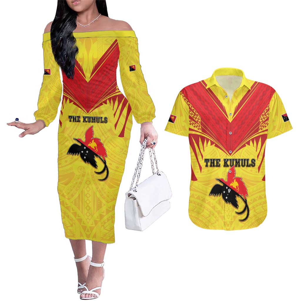 Papua New Guinea Rugby Custom Couples Matching Off The Shoulder Long Sleeve Dress and Hawaiian Shirt Kumuls Heritage