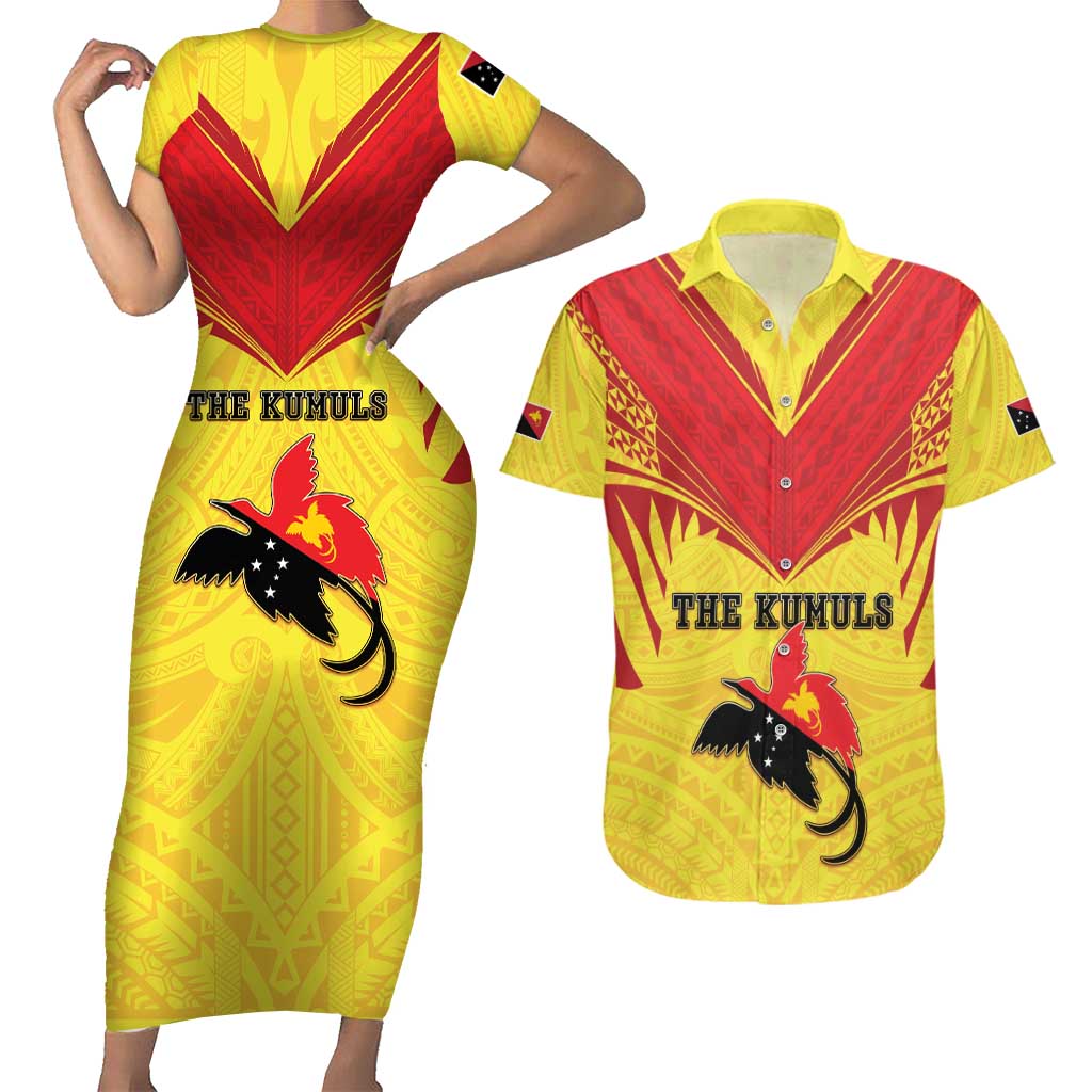 Papua New Guinea Rugby Custom Couples Matching Short Sleeve Bodycon Dress and Hawaiian Shirt Kumuls Heritage LT05 Yellow - Polynesian Pride