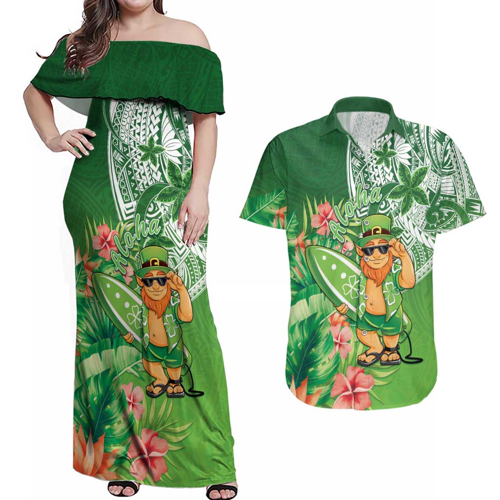 Aloha Hawaii St Patrick's Day Couples Matching Off Shoulder Maxi Dress and Hawaiian Shirt Polynesian Style