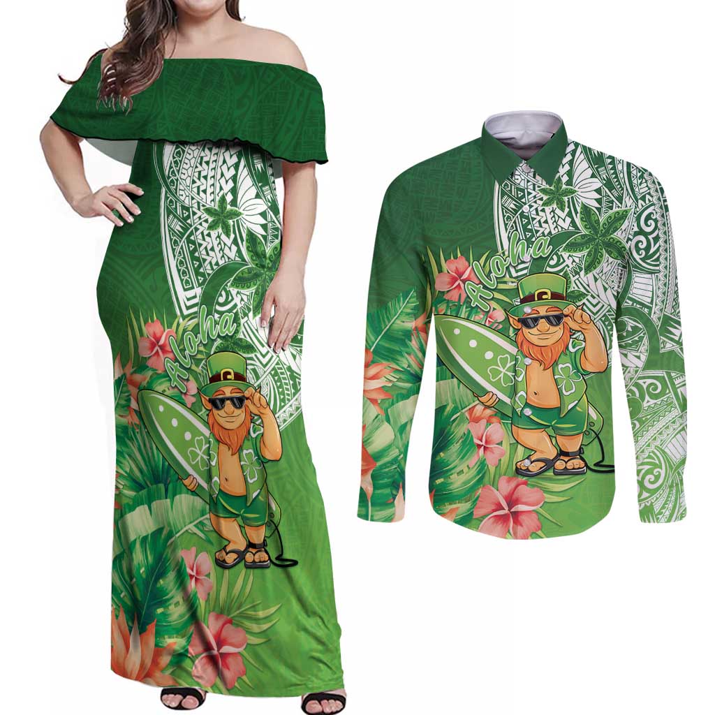 Aloha Hawaii St Patrick's Day Couples Matching Off Shoulder Maxi Dress and Long Sleeve Button Shirt Polynesian Style