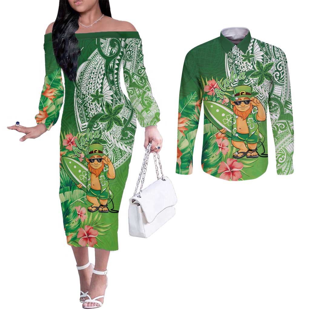 Aloha Hawaii St Patrick's Day Couples Matching Off The Shoulder Long Sleeve Dress and Long Sleeve Button Shirt Polynesian Style