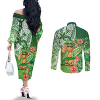 Aloha Hawaii St Patrick's Day Couples Matching Off The Shoulder Long Sleeve Dress and Long Sleeve Button Shirt Polynesian Style