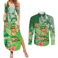 Aloha Hawaii St Patrick's Day Couples Matching Summer Maxi Dress and Long Sleeve Button Shirt Polynesian Style