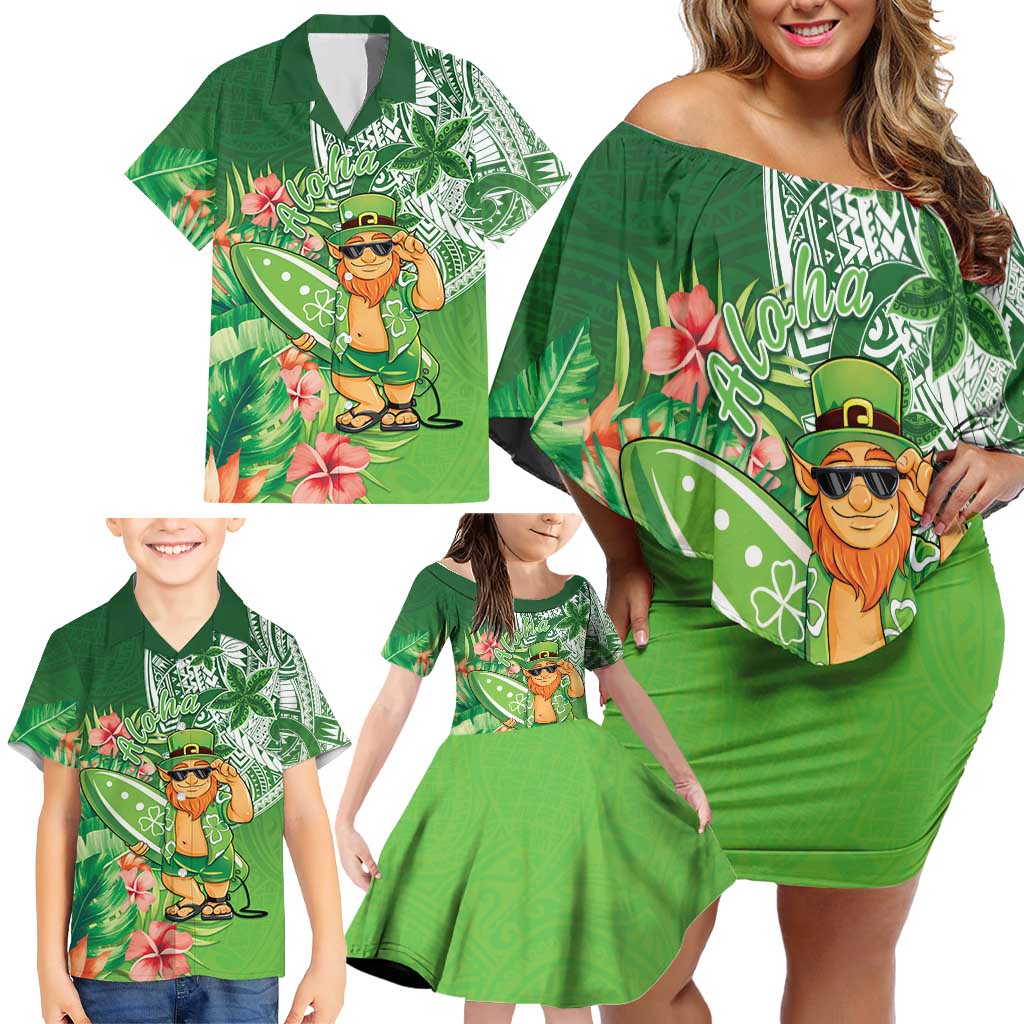 Aloha Hawaii St Patrick's Day Family Matching Off Shoulder Short Dress and Hawaiian Shirt Polynesian Style