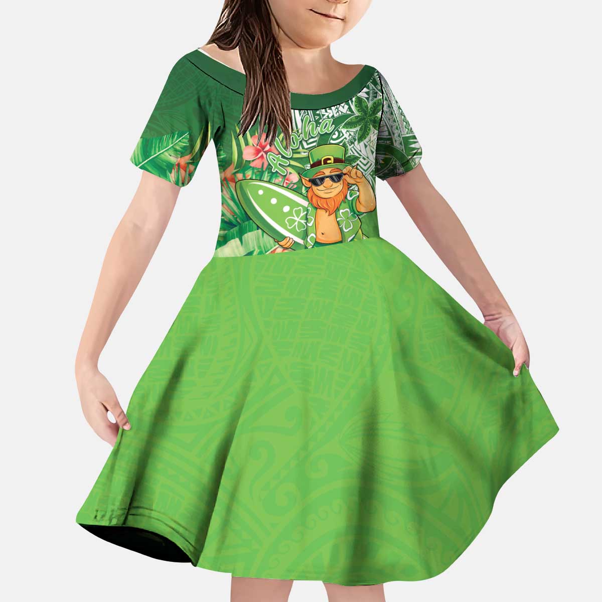 Aloha Hawaii St Patrick's Day Kid Short Sleeve Dress Polynesian Style