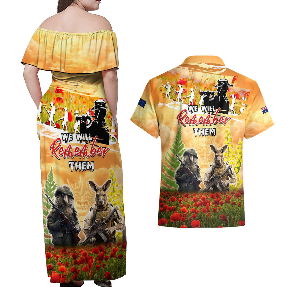 Australia And New Zealand ANZAC Day Couples Matching Off Shoulder Maxi Dress and Hawaiian Shirt Kangaroo And Kiwi Bird Soldiers Lest We Forget LT05 - Polynesian Pride