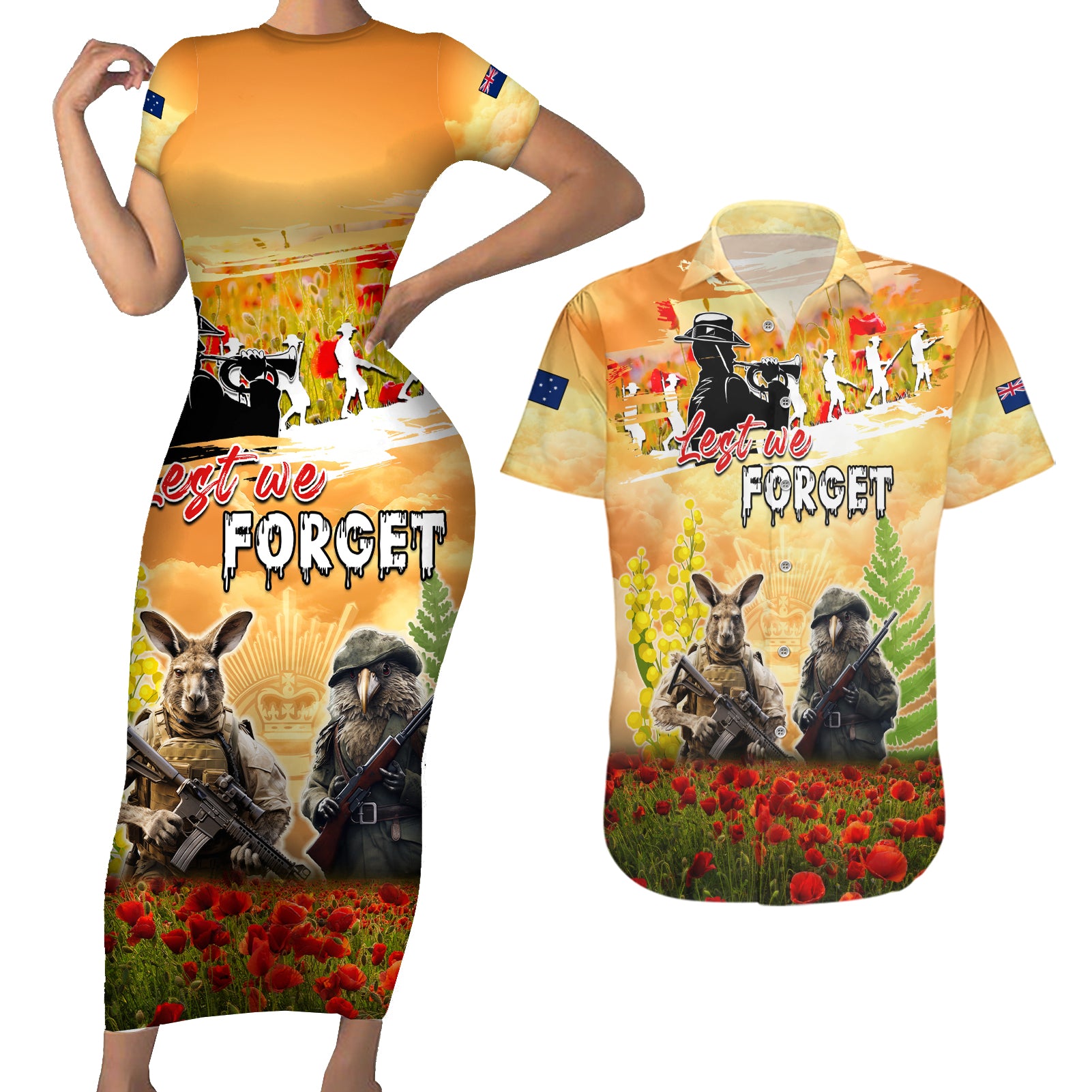 Australia And New Zealand ANZAC Day Couples Matching Short Sleeve Bodycon Dress and Hawaiian Shirt Kangaroo And Kiwi Bird Soldiers Lest We Forget LT05 Yellow - Polynesian Pride