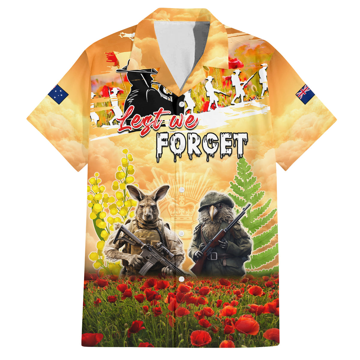 Australia And New Zealand ANZAC Day Family Matching Off The Shoulder Long Sleeve Dress and Hawaiian Shirt Kangaroo And Kiwi Bird Soldiers Lest We Forget LT05 Dad's Shirt - Short Sleeve Yellow - Polynesian Pride
