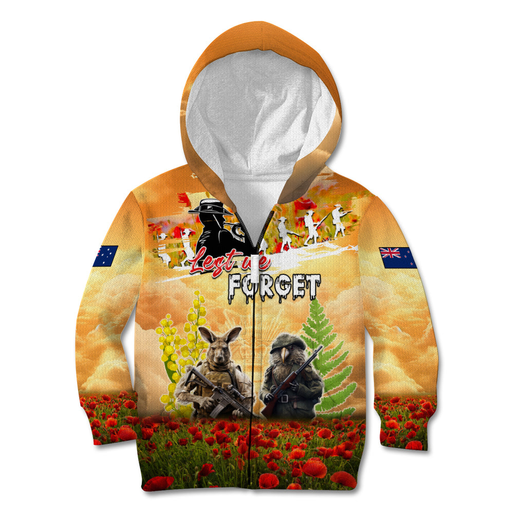 Australia And New Zealand ANZAC Day Kid Hoodie Kangaroo And Kiwi Bird Soldiers Lest We Forget LT05 Zip Hoodie Yellow - Polynesian Pride
