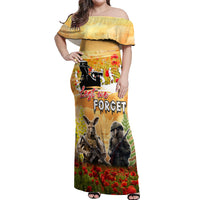 Australia And New Zealand ANZAC Day Off Shoulder Maxi Dress Kangaroo And Kiwi Bird Soldiers Lest We Forget LT05 Women Yellow - Polynesian Pride