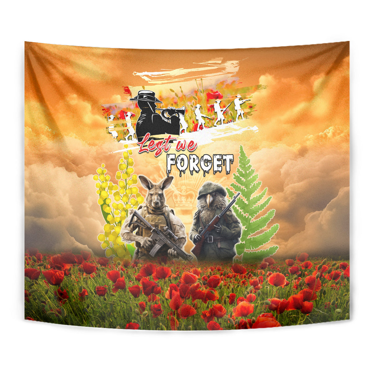 Australia And New Zealand ANZAC Day Tapestry Kangaroo And Kiwi Bird Soldiers Lest We Forget