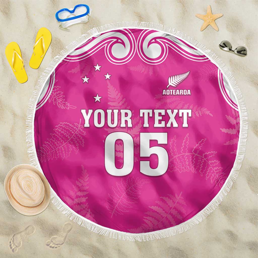 New Zealand Fern Women Rugby Custom Beach Blanket Pink Maori Pattern