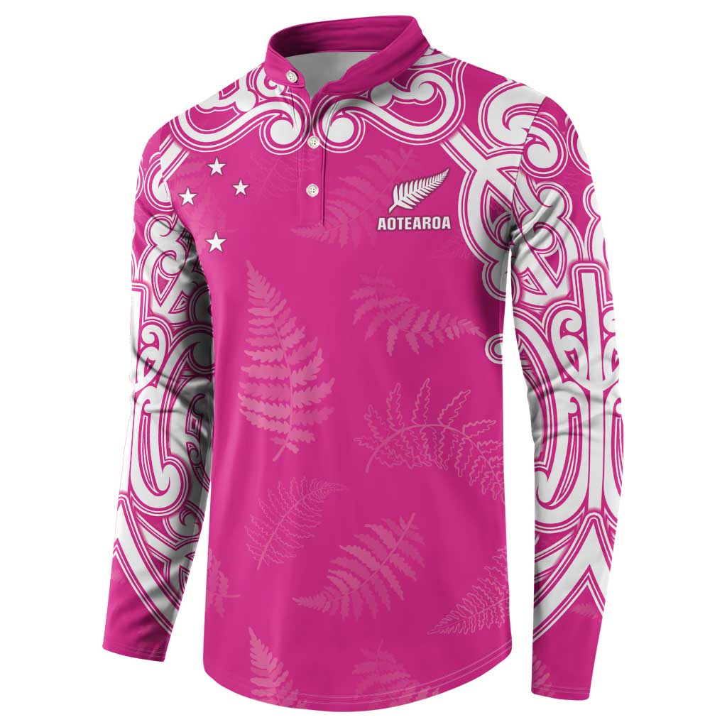 New Zealand Fern Women Rugby Custom Button Sweatshirt Pink Maori Pattern