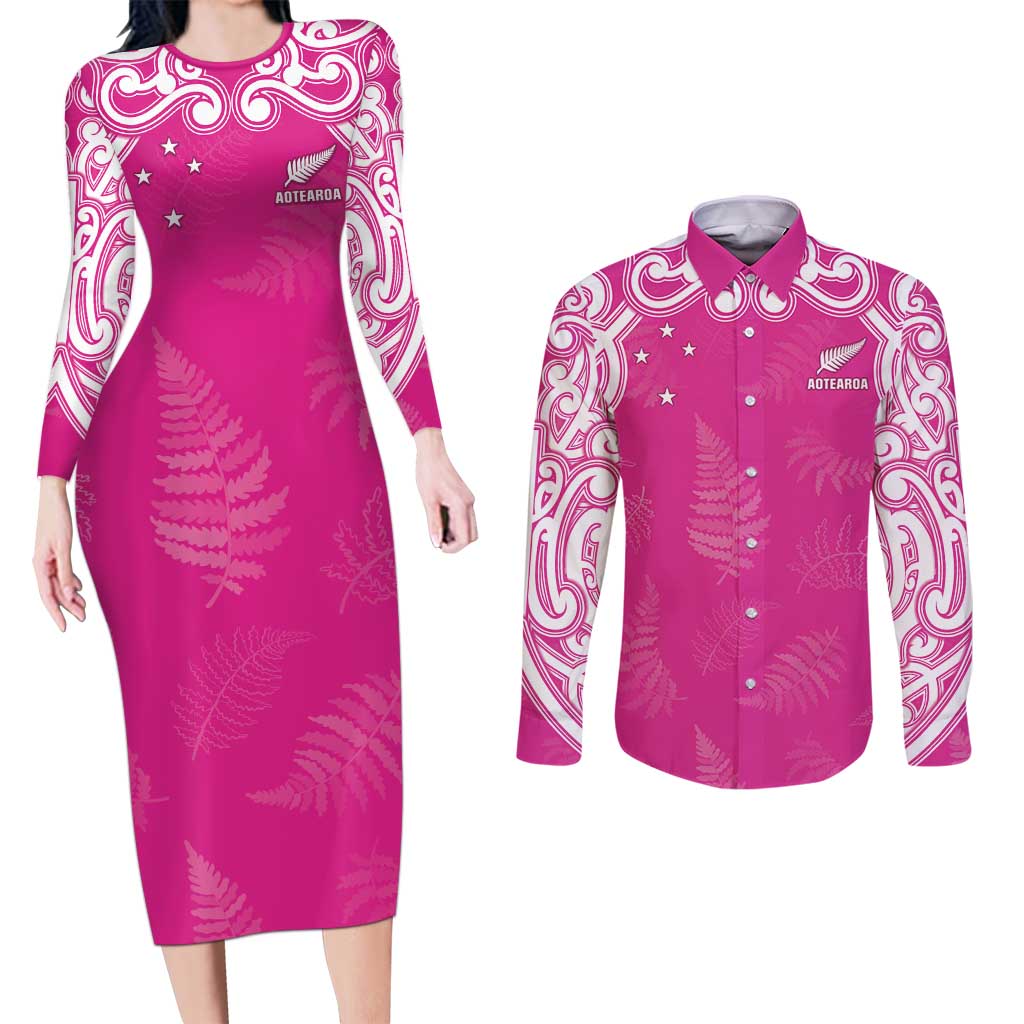 New Zealand Fern Women Rugby Custom Couples Matching Long Sleeve Bodycon Dress and Long Sleeve Button Shirt Pink Maori Pattern