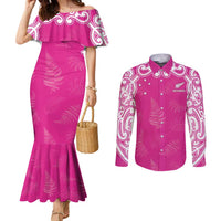 New Zealand Fern Women Rugby Custom Couples Matching Mermaid Dress and Long Sleeve Button Shirt Pink Maori Pattern