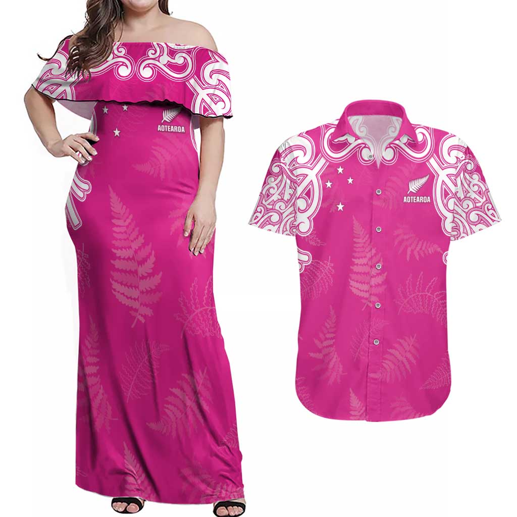 New Zealand Fern Women Rugby Custom Couples Matching Off Shoulder Maxi Dress and Hawaiian Shirt Pink Maori Pattern