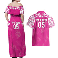 New Zealand Fern Women Rugby Custom Couples Matching Off Shoulder Maxi Dress and Hawaiian Shirt Pink Maori Pattern
